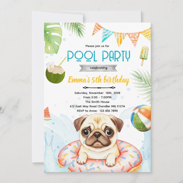 Cute pug pool party theme invite (Front)