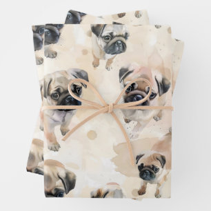 Cute pug puppies pattern wrapping paper sheet