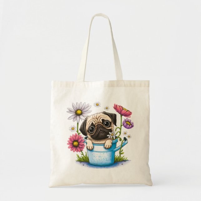 Cute Pug Puppy Dog Daisies Floral Cartoon Pugs Tote Bag (Front)