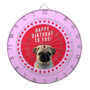 Cute Pug Puppy Dog Happy Birthday Red Dots Pink Dartboard