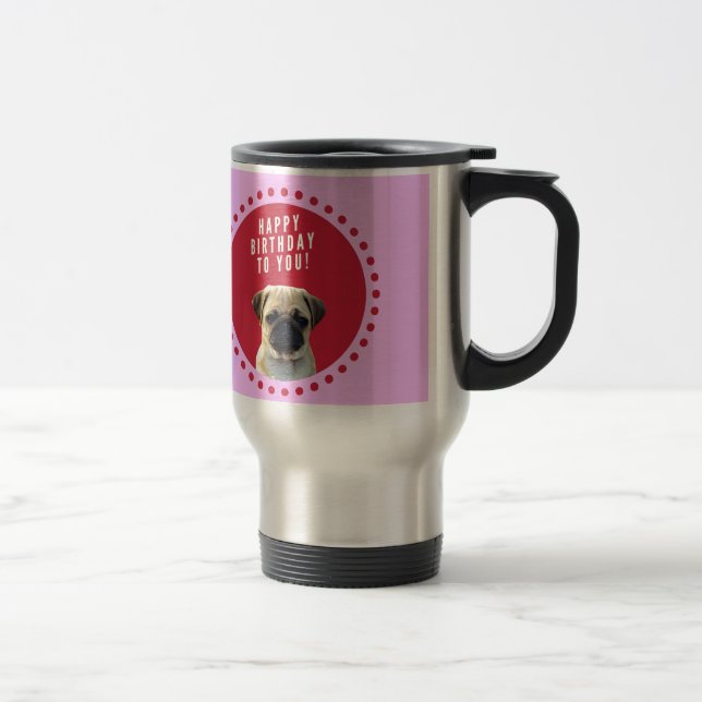 Cute Pug Puppy Dog Happy Birthday Red Dots Pink Travel Mug (Right)