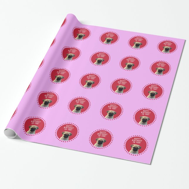 Cute Pug Puppy Dog Happy Birthday Red Dots Pink Wrapping Paper (Unrolled)