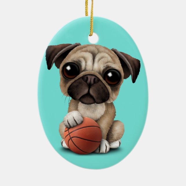 Cute Pug Puppy Dog Playing With Basketball Ceramic Tree Decoration (Back)