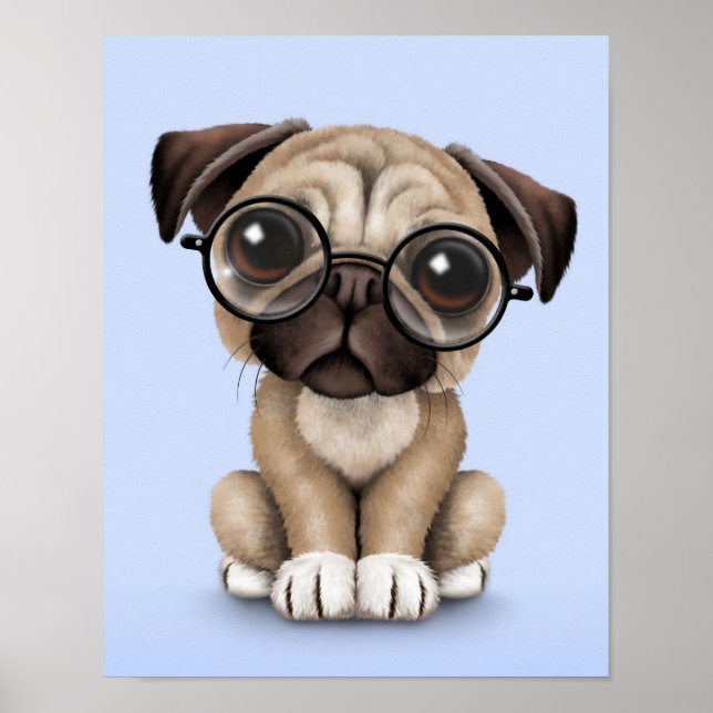 Cute Pug Puppy Dog Wearing Reading Glasses, Blue Poster (Front)