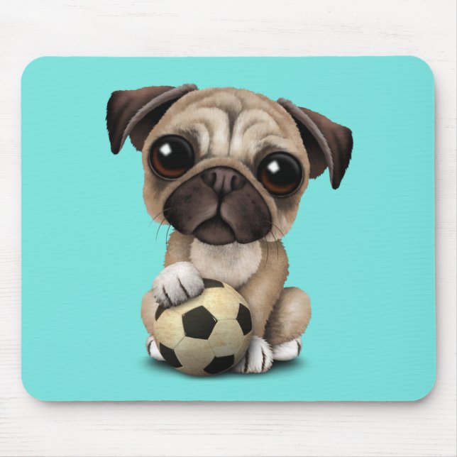 Cute Pug Puppy Dog With Football Soccer Ball Mouse Mat (Front)