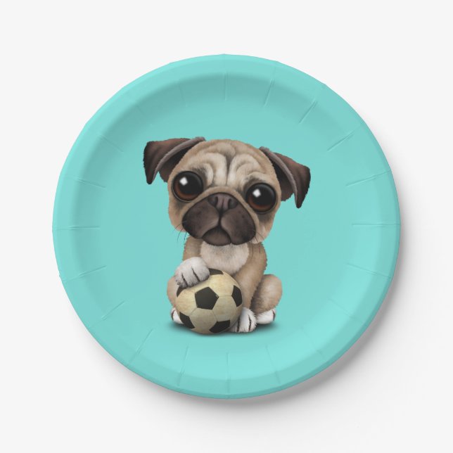 Cute Pug Puppy Dog With Football Soccer Ball Paper Plate (Front)