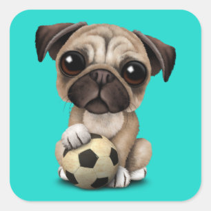 Cute Pug Puppy Dog With Football Soccer Ball Square Sticker