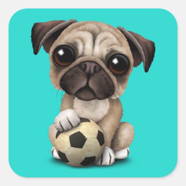 Cute Pug Puppy Dog With Football Soccer Ball Square Sticker (Front)