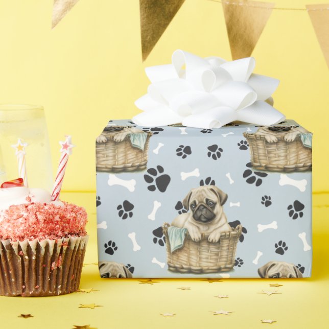 Cute Pug Puppy in Basket Paw Print  Wrapping Paper (Birthday Party)