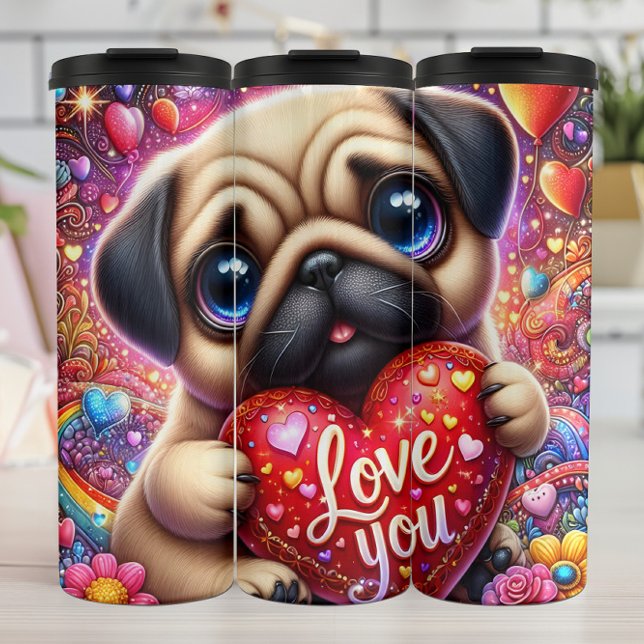 Cute Pug Puppy Love Heart Thermal Tumbler (Creator Uploaded)