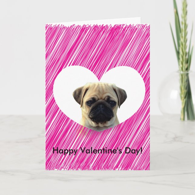 Cute Pug Puppy Pink Heart Happy Valentine's Day Holiday Card (Front)