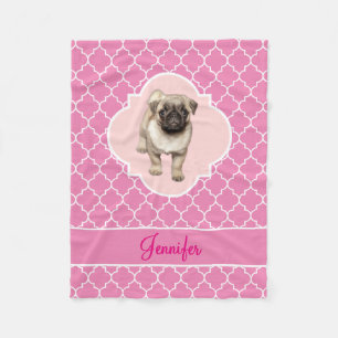 Cute Pug Puppy Pink Quatrefoil with Name Fleece Blanket