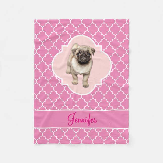 Cute Pug Puppy Pink Quatrefoil with Name Fleece Blanket (Front)