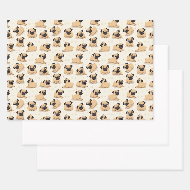Cute Pug Puppy Seamless Pattern Design Wrapping Paper Sheet (Set)
