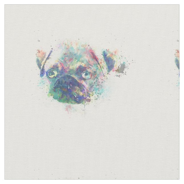 Cute pug puppy watercolor splatters abstract paint fabric (Close Up)