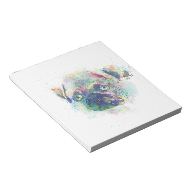 Cute pug puppy watercolor splatters paint notepad (Angled)