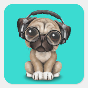 Cute Pug Puppy Wearing Headphones Square Sticker