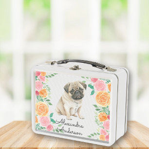 Cute Pug puppy with watercolor flowers monogram Metal Lunch Box