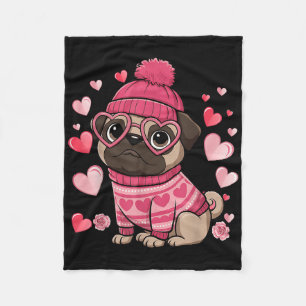 Cute Pug Red Hearts Couples Happy Valentines Day Fleece Blanket