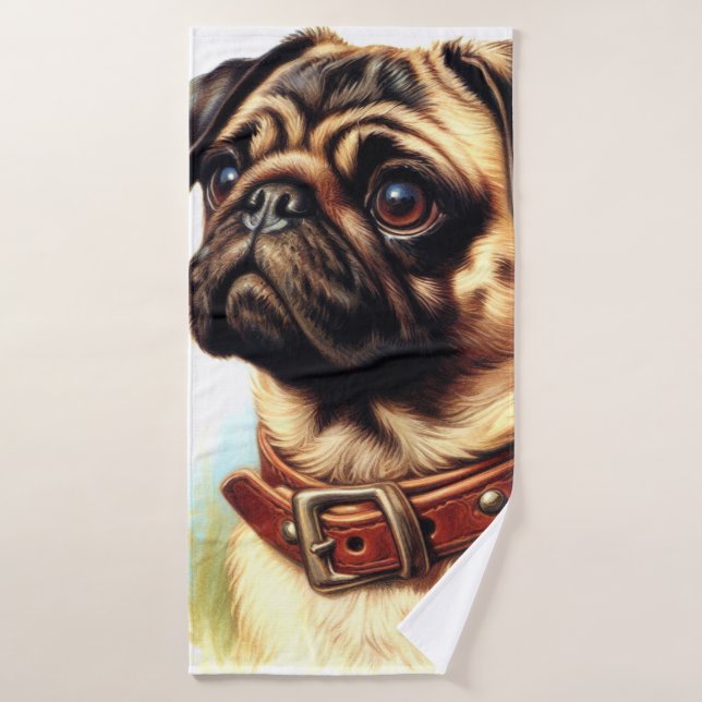 Cute Pug Retro Painting Bath Towel (Bath Towel)