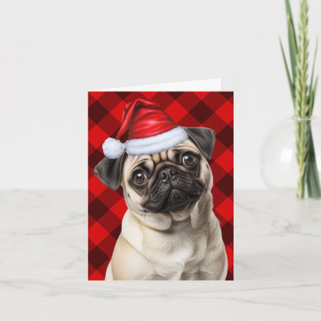 Cute Pug Santa Dog Red Buffalo Plaid Christmas Holiday Card (Front)