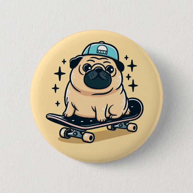 Cute Pug Skate-Boarding 6 Cm Round Badge (Front)