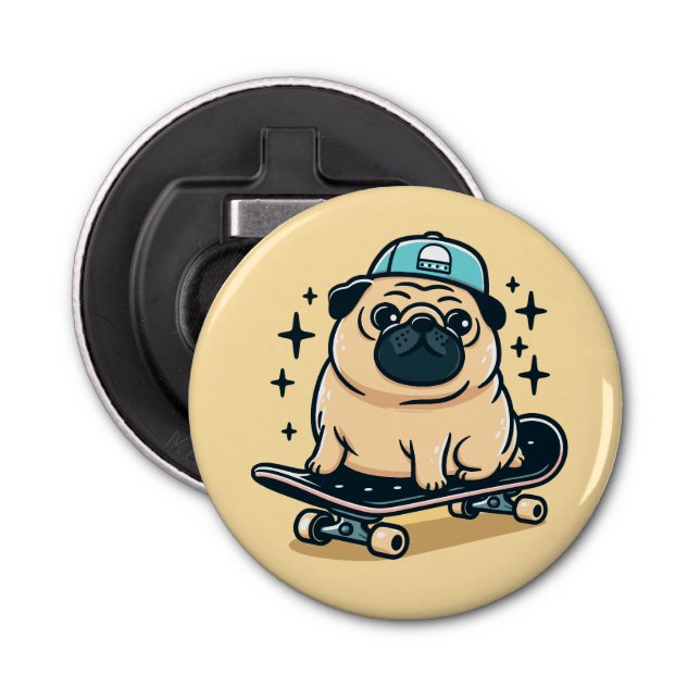 Cute Pug Skate-Boarding Bottle Opener (Front)