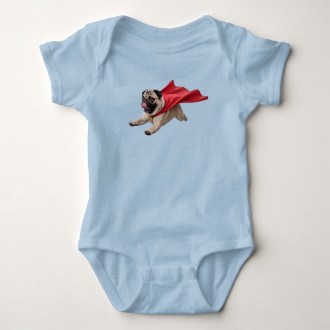 Cute Pug Superhero Baby Bodysuit (Front)