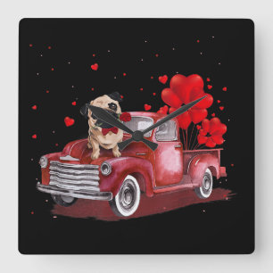 Cute Pug Valentine's Day Heart Truck Square Wall Clock