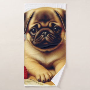 Cute Pug Vintage Painting Bath Towel