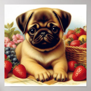 Cute Pug Vintage Painting Poster