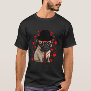 Cute Pug wear Tie Hat Red Hearts Couple Happy Vale T-Shirt