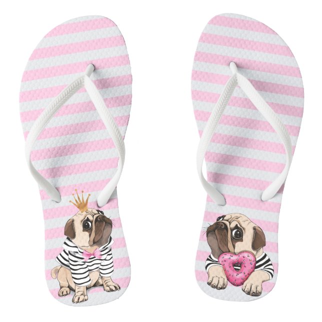 Cute Pug with Crown and Pink Heart Doughnut Flip Flops (Footbed)