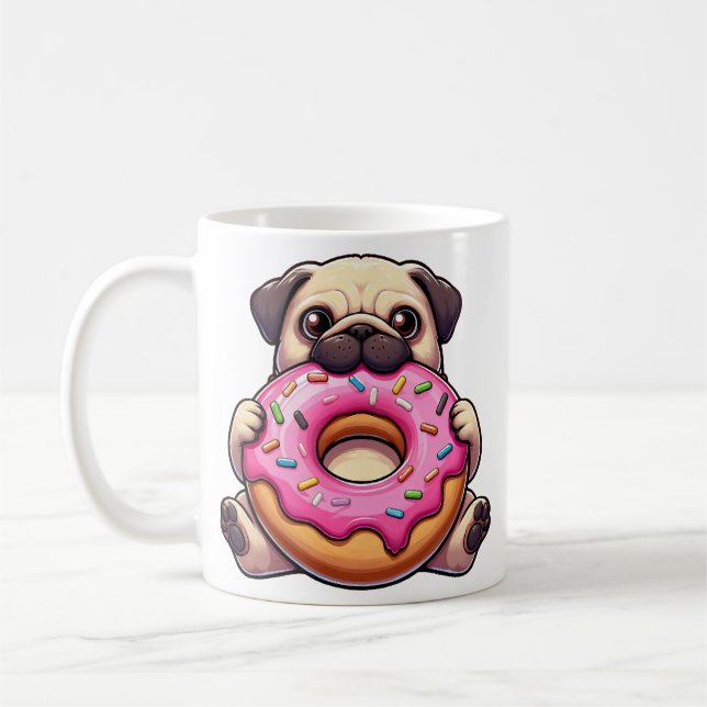 Cute pug with doughnut funny cartoon dog coffee mug (Left)