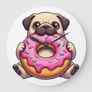 Cute pug with doughnut funny cartoon dog large clock