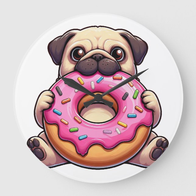 Cute pug with doughnut funny cartoon dog large clock (Front)