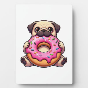 Cute pug with doughnut funny cartoon dog plaque