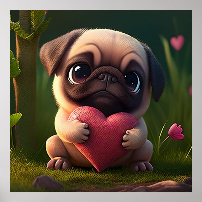 Cute Pug with Heart Poster (Front)