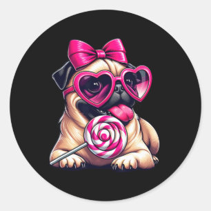 Cute Pug With Heart Sungles Bow Valentine Dog Mom Classic Round Sticker