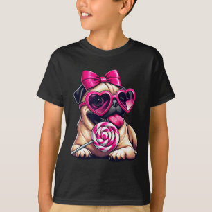 Cute Pug With Heart Sungles Bow Valentine Dog Mom T-Shirt