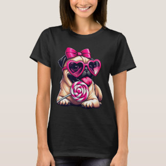 Cute Pug With Heart Sungles Bow Valentine Dog Mom  T-Shirt