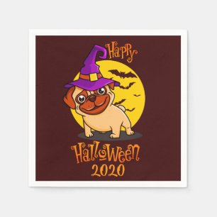 Cute Pug With Purple Witch Hat Halloween Napkin