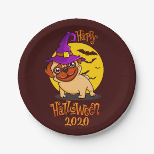 Cute Pug With Purple Witch Hat Halloween Paper Plate