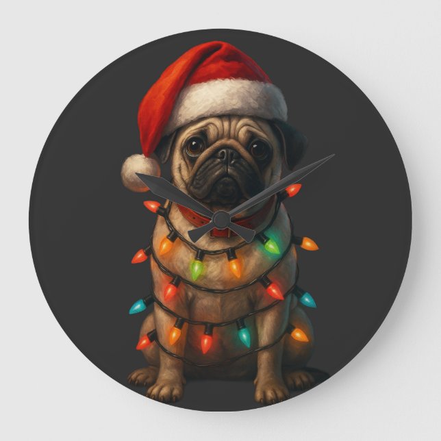 Cute Pug Wrapped in Christmas Lights Wearing Santa Large Clock (Front)