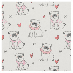 Cute Pugs and Hearts Fabric