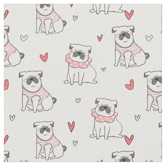 Cute Pugs and Hearts Fabric (Close Up)