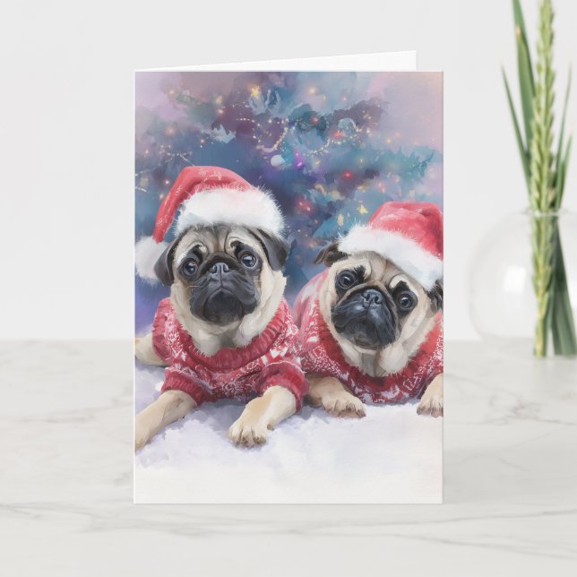 Cute Pugs Christmas Greeting Card  (Front)