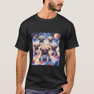 Cute Pugs Floating in Space Boys Girls Men Women L T-Shirt