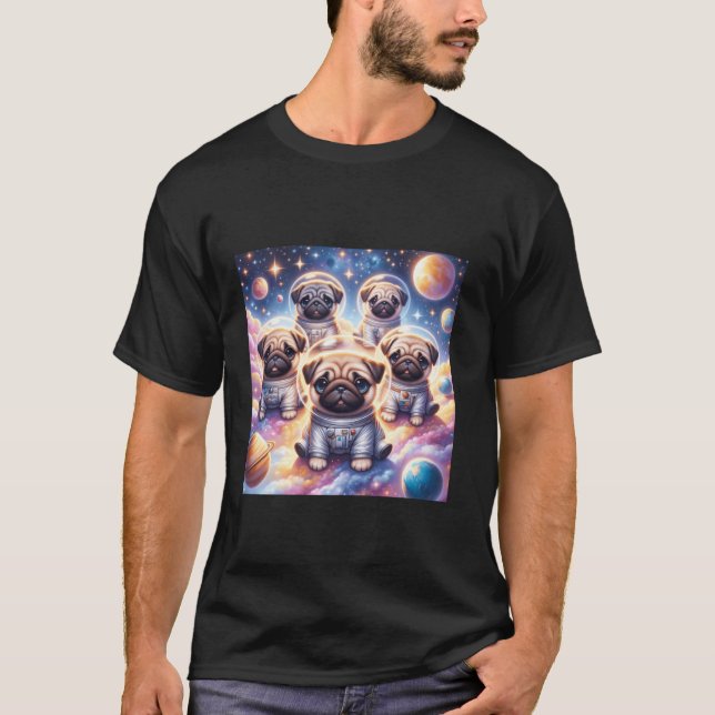 Cute Pugs Floating in Space Boys Girls Men Women L T-Shirt (Front)