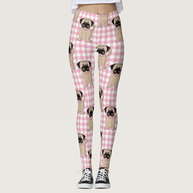 Cute Pugs on Pink Checks Leggings (Front)